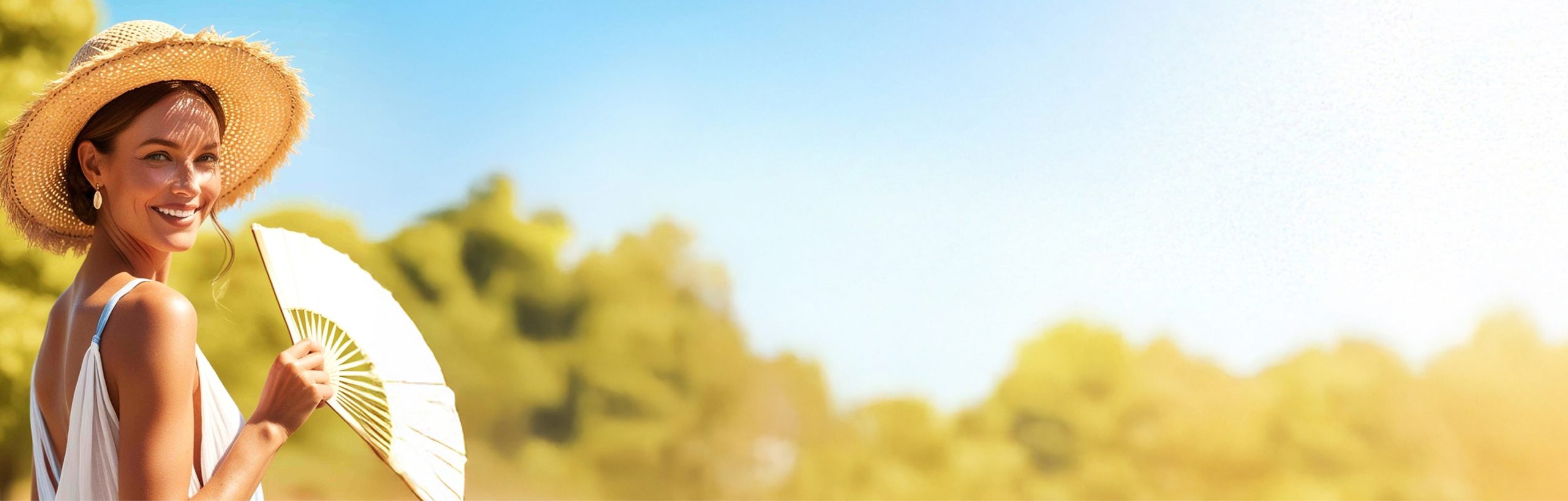 Frau mit Strohhut und Fächer vor blauem Sommerhimmel