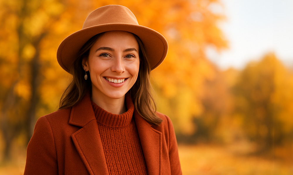 Frau mit Hut und Herbstmantel lächelt vor bunten Herbstbäumen